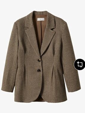 Mango Brown and beige houndstooth blazer with synch waist